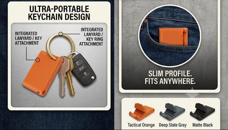 Promotional graphic for a pocket stand keychain with product features and images.